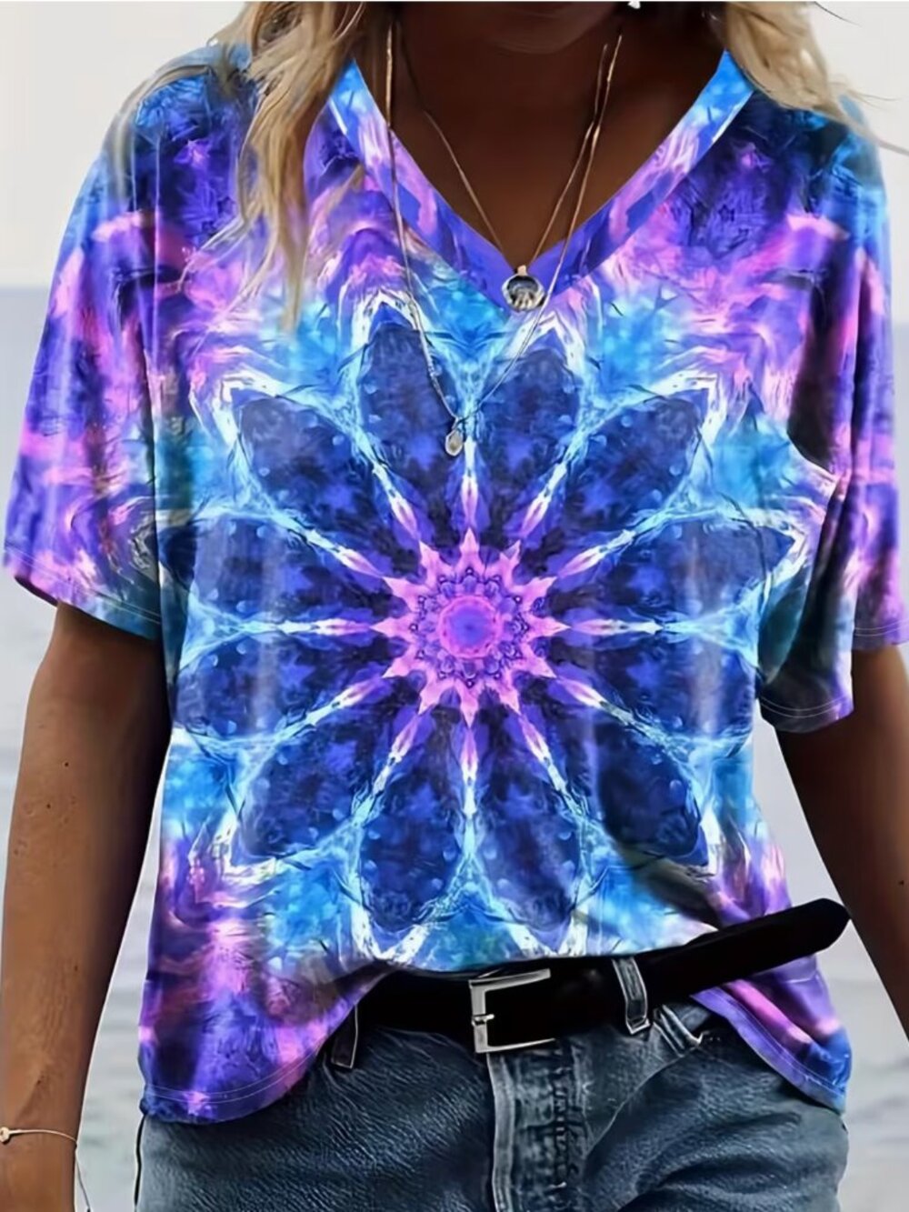 Plus Size Tie Dye Floral Print T-shirt, Casual Short Sleeve V Neck Top